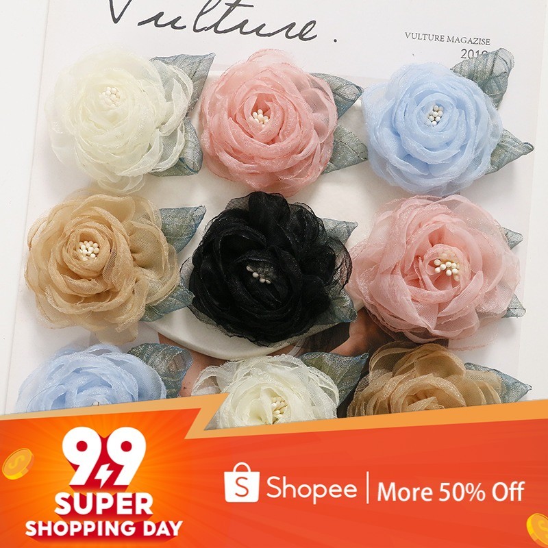 1pc Artifical Rose Organza ดอกไม้ชีฟอง DIY Handmade ชุดคลิปผมอุปกรณ์เสริมผมต่างหูวัสดุดอกไม้ปลอม