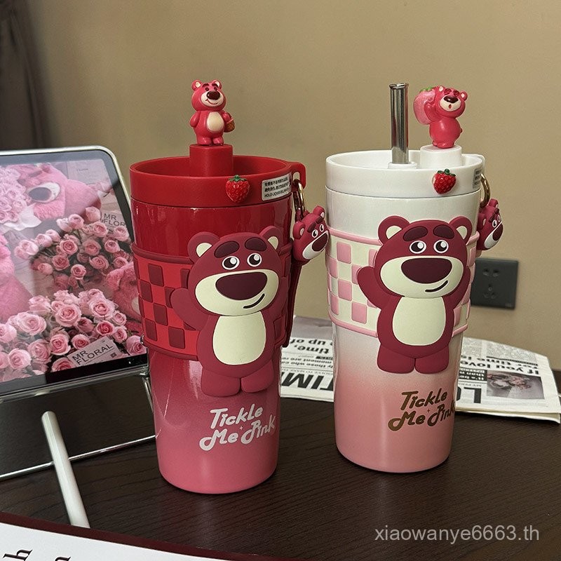 Disney Strawberry Bear 316กระติกน้ำสูญญากาศแก้วดูดหญิงมูลค่าสูงถ้วยโรงเรียนนักเรียนถ้วยน้ำสแตนเลส