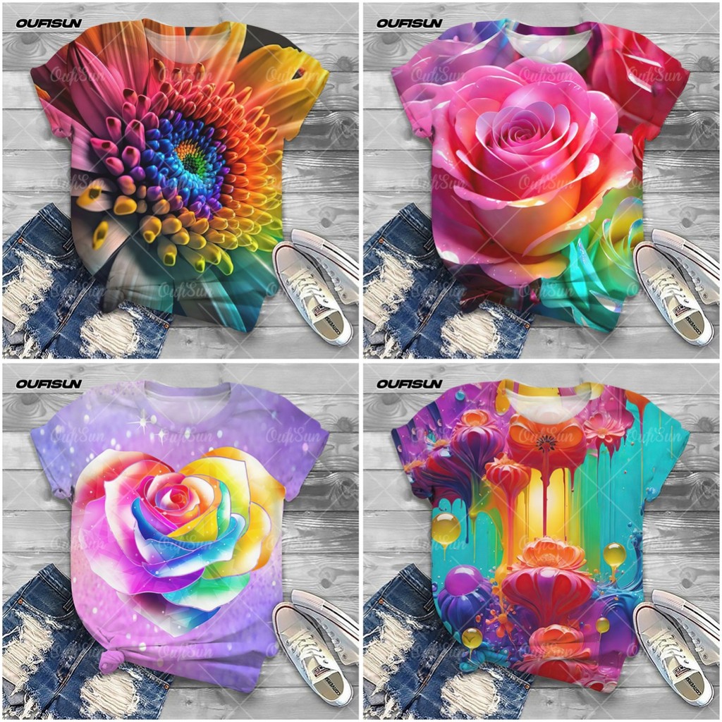 2024 ใหม่ผู้หญิงดอกไม้เสื้อ 3d Rainbow พิมพ์แขนสั้นเสื้อยืดฮาวายเสื้อผ้าสบายๆและสบาย O-คอ T เสื้อ
