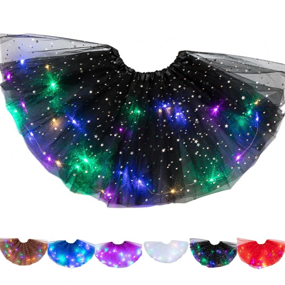 LED Glowing Light Women's Tulle Star Skirt with Elastic Waist for Ballet