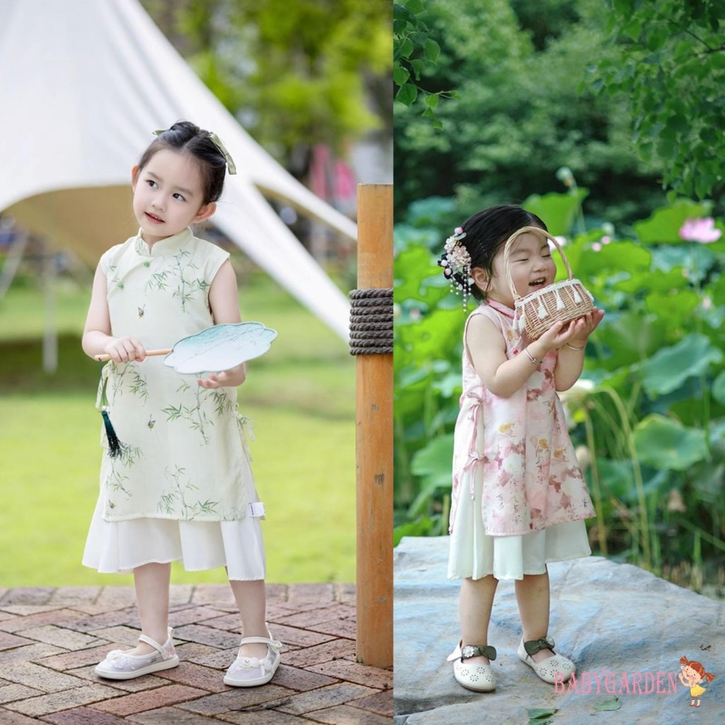 Baga-เด็กสาว Qipao ชุดสไตล์จีนไม้ไผ่พิมพ์ Tie-Up Bow Mock คอแขนกุดฤดูร้อนชุด