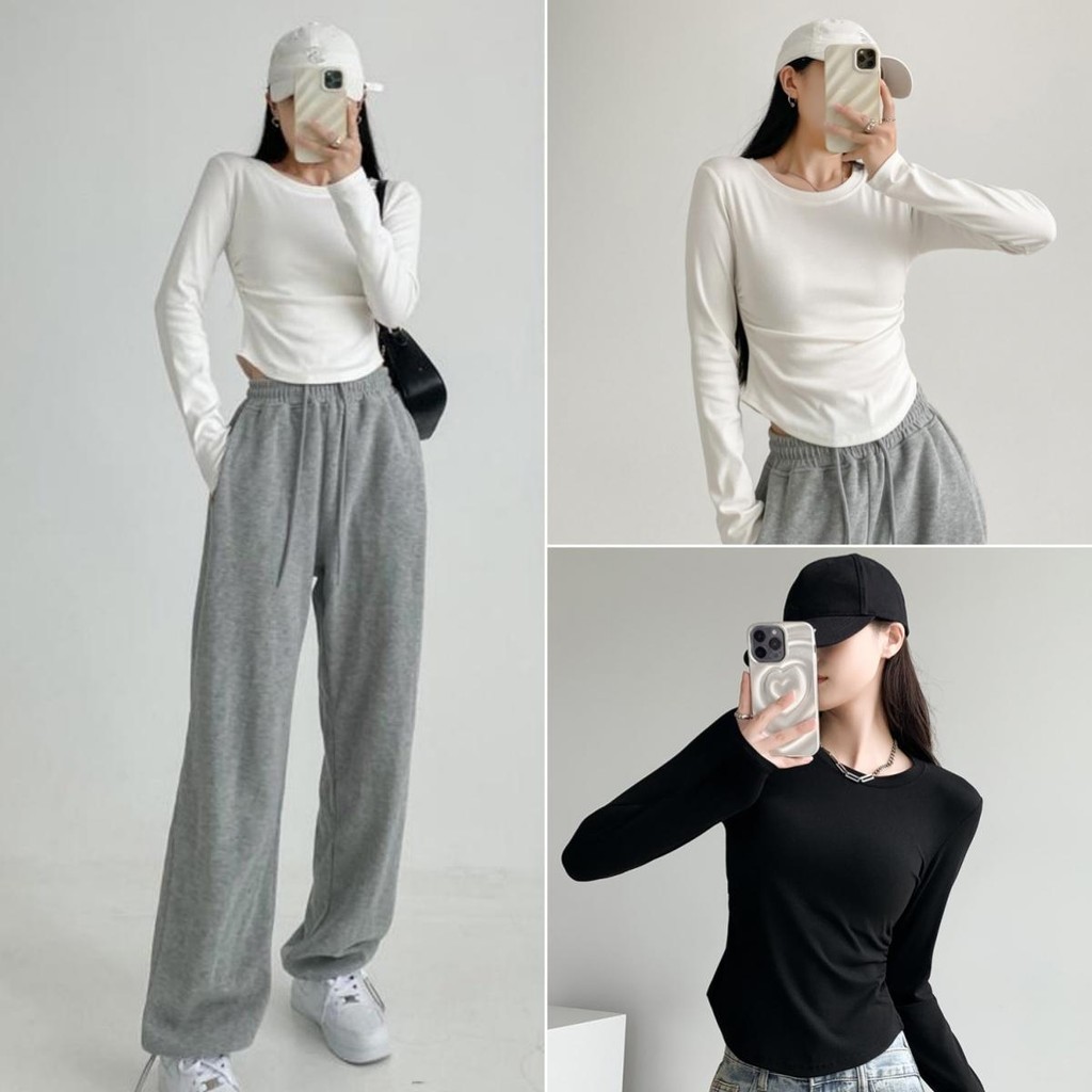 cherryshop🍒พร้อมส่ง เสื้อยืดแขนยาวผู้หญิง เสื้อเข้ารูป ดีไซน์ จีบด้านข้าง คอกลมแฟชั่น ย้อนยุคสไตล์อเมริกัน