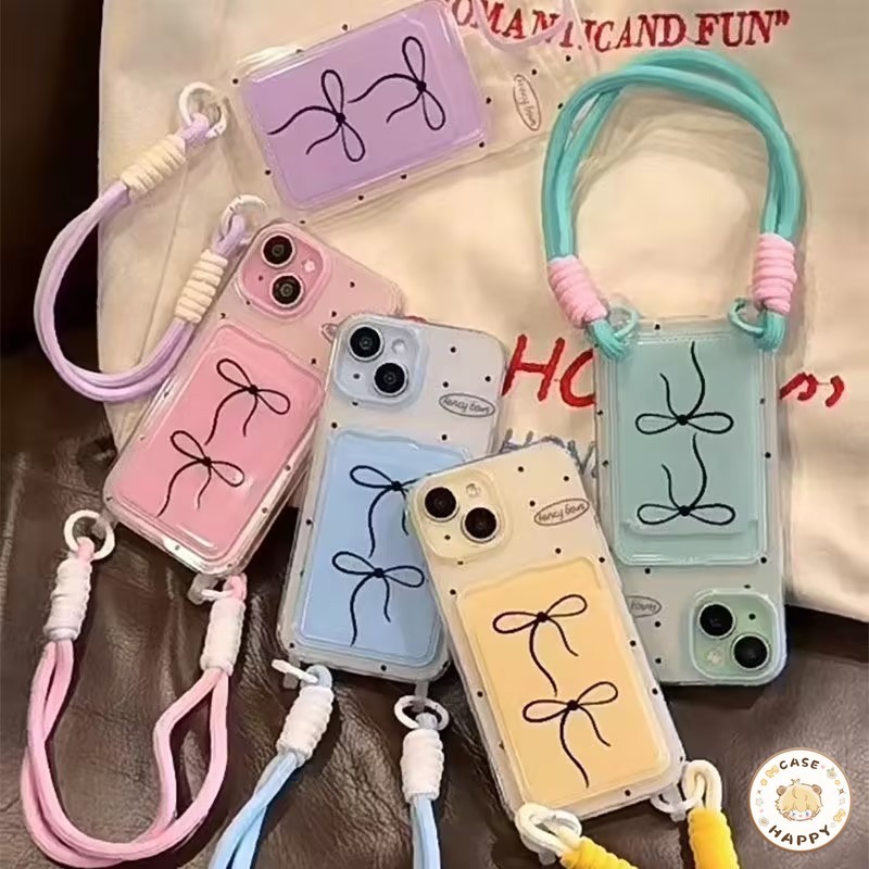 สีเรียบง่ายสวยกุทัณฑ์ลวดลาย ช่องใส่บัตรพร้อมสายคล้อง เคสไอโฟน 11 15 13 14 12 Pro Max X XR XS Max 7 8 14 15 Plus SE 2020