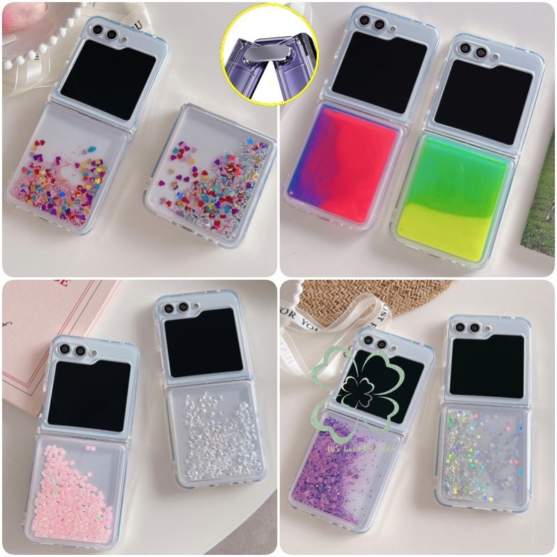แฟชั่น Glitter เลื่อมสีสันสดใสเคสใส Samsung Galaxy Z Flip 6 Z Flip 5 Zflip Liquid Quicksand ปลอกโปร่งใสการเชื่อมต่อหัวเข็มขัดป้องกันกันกระแทกฝาหลัง Samsung Fl