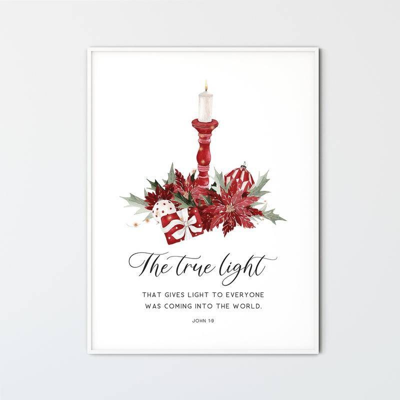 John 1 9 The True Light, Christmas Christian Printable Wall Art ผ้าใบพิมพ์สีน้ําตกแต่งบ้านโปสเตอร์สค