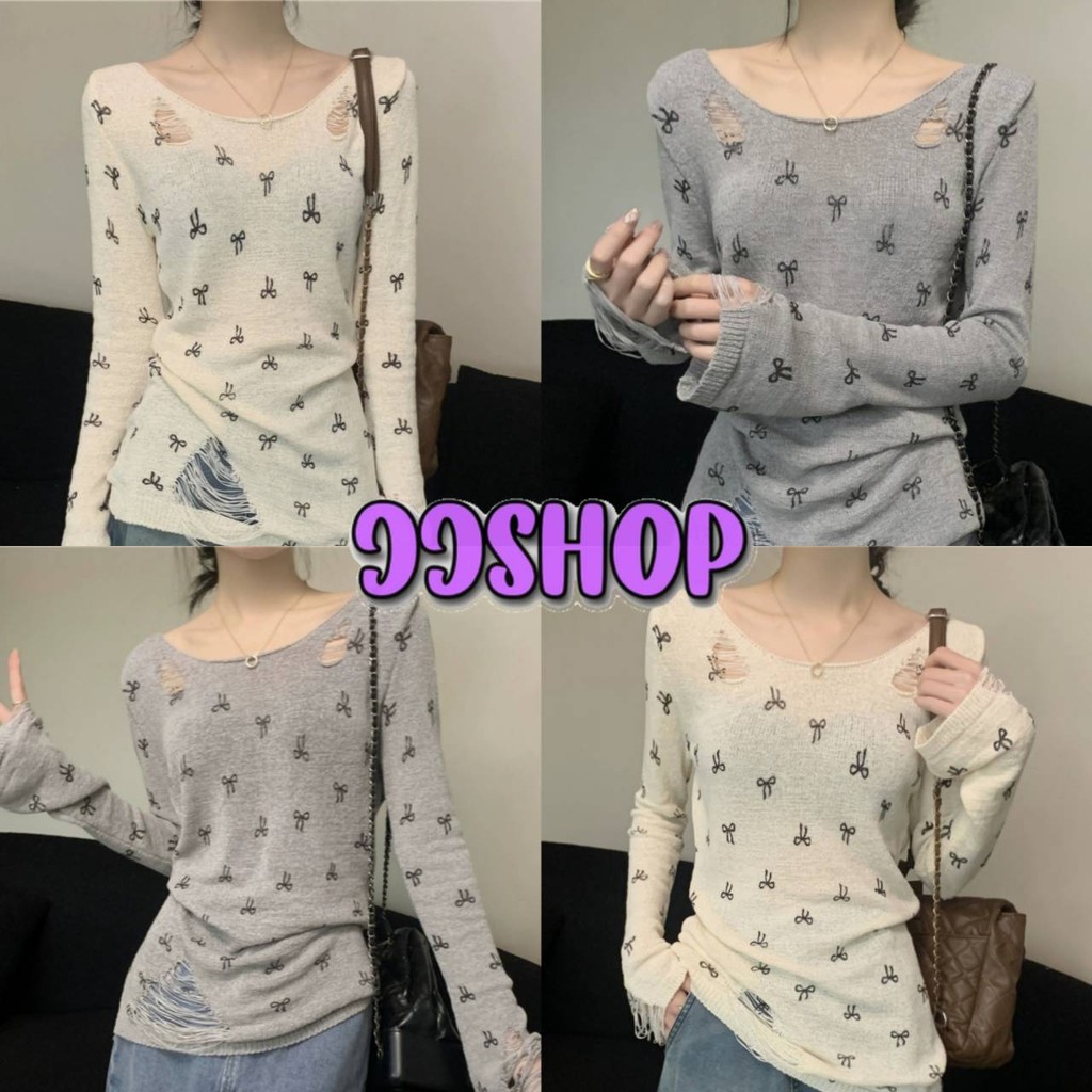 JJ Shop​💜​พร้อมส่ง เสื้อไหมพรมแขนยาว คอกลม ดีเทลซีทรู ลายโบว์ น่ารักมาก "Y6526"
