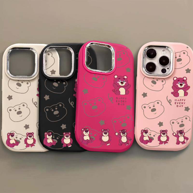 แฟชั่นการ์ตูนสตรอเบอร์รี่หมีเคสโทรศัพท์เข้ากันได้สําหรับiphone 15 14 13 12 11 Pro Max Xr X Xs Max 7 8 SE 2020 เลนส์โลหะป้องกันกันกระแทกซิลิโคนอ่อนนุ่มปกหลัง