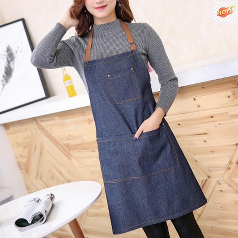 Meet ผู้ใหญ่ Denim สีฟ้าทําอาหารห้องครัวร้านอาหารทํางานผ้ากันเปื้อนผ้ากันเปื้อนชุดพร้อมกระเป๋า TH
