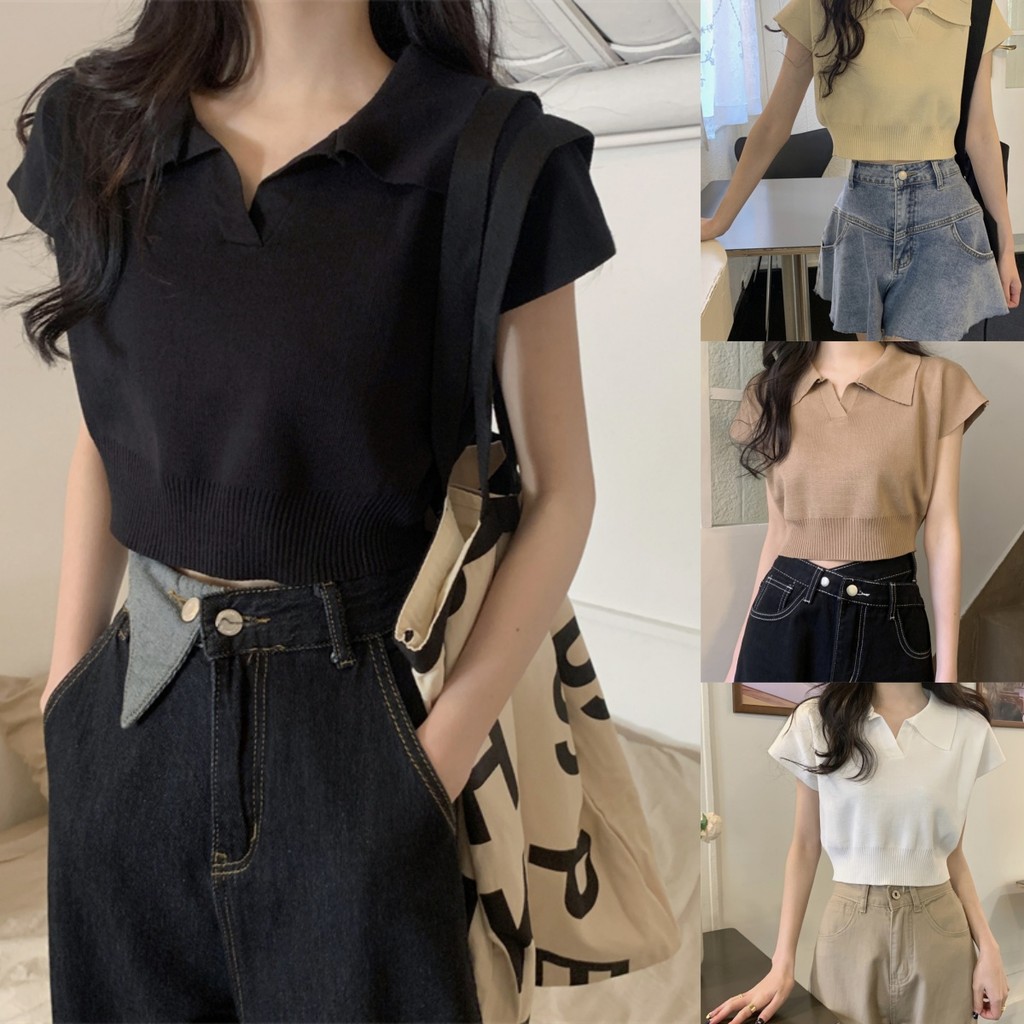 KOKO#เสื้อถักไปทะเลผู้หญิง เสื้อถักสั้นด้านบน แขนสั้น สีทึบ การออกแบบคอปก ดูผอมลง#1808