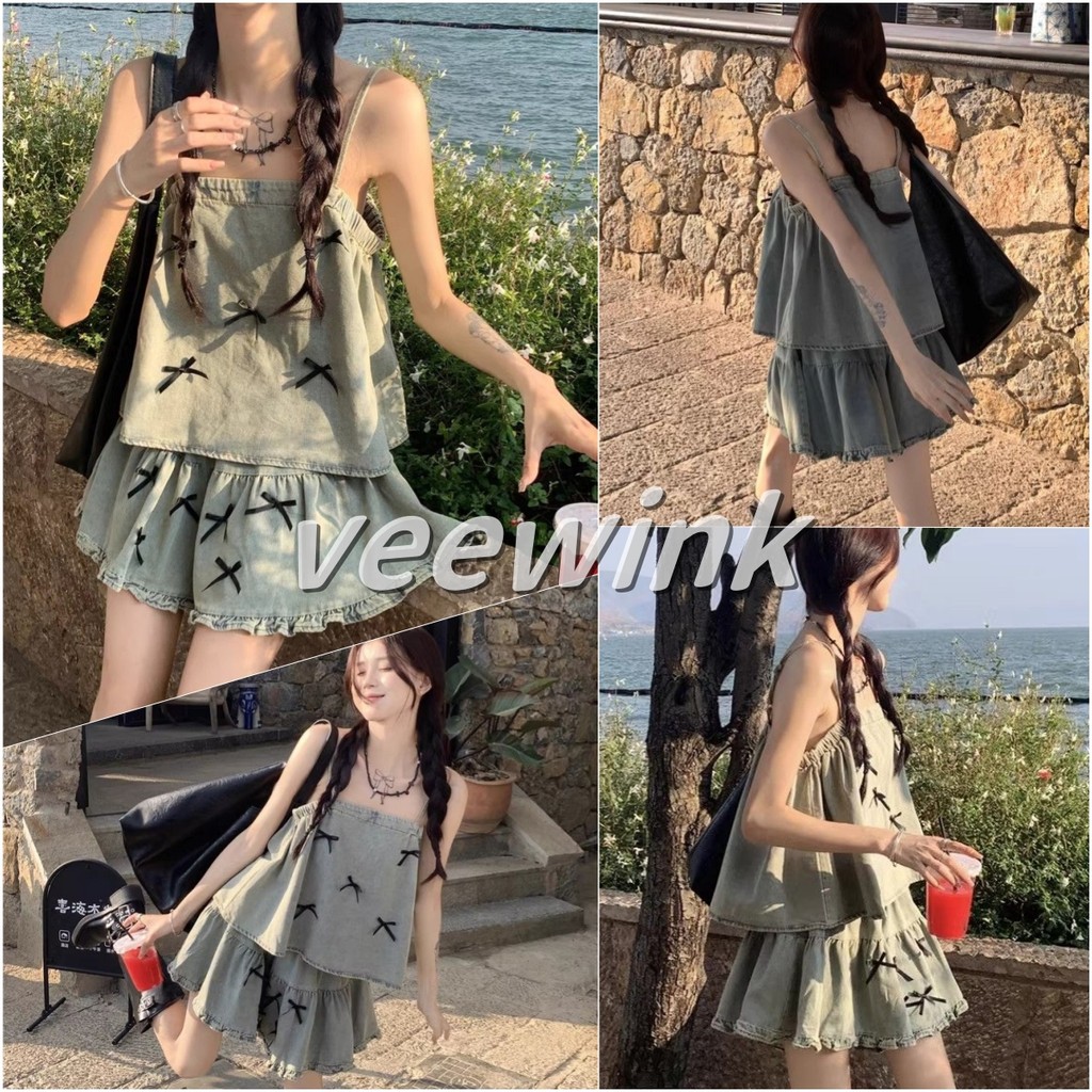 Veewink พร้อมส่งจากกทม Denim Set ชุดเซ็ทยีนส์ แบบใหม่ แบบเอยเกาหลี กระโปรงกางเกงยีนส์ สไตล์สาวY2K