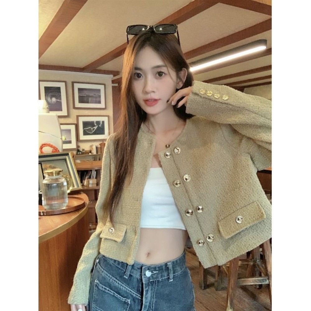 เสื้อแจ็คเก็ตสั้นทอฝรั่งเศส Apricot Round Neck Simple All-Match แฟชั่นสไตล์เกาหลี Casual Niche Age-Reduction Top