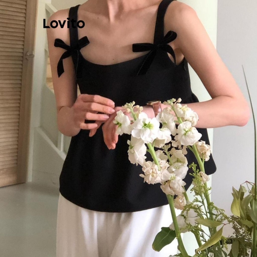 Lovito เสื้อแขนกุดผู้หญิง แต่งโบว์หน้า สีพื้น สไตล์ลำลอง LNE61424