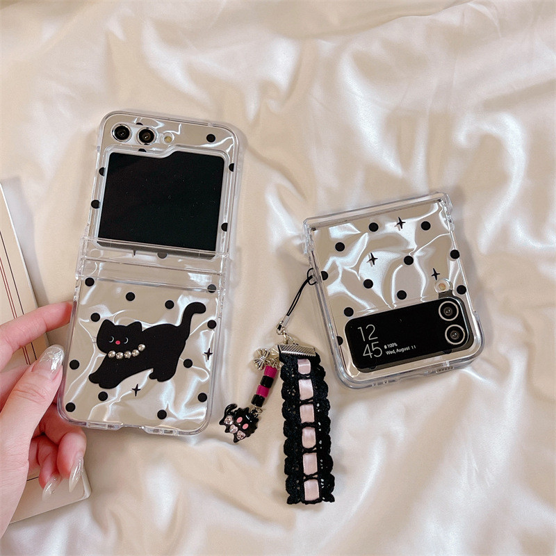 Wave Point เคสโทรศัพท์พร้อมสร้อยข้อมือลูกไม้แมวสําหรับ Samsung Galaxy Z flip5 Z Flip6 Cases