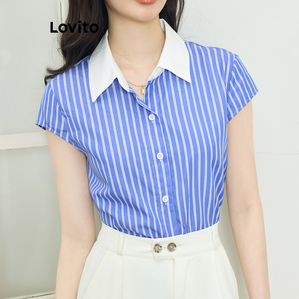 Lovito เสื้อเบลาส์ปุ่ม สีบล็อกลายทางสบาย ๆ สำหรับผู้หญิง L104ED261