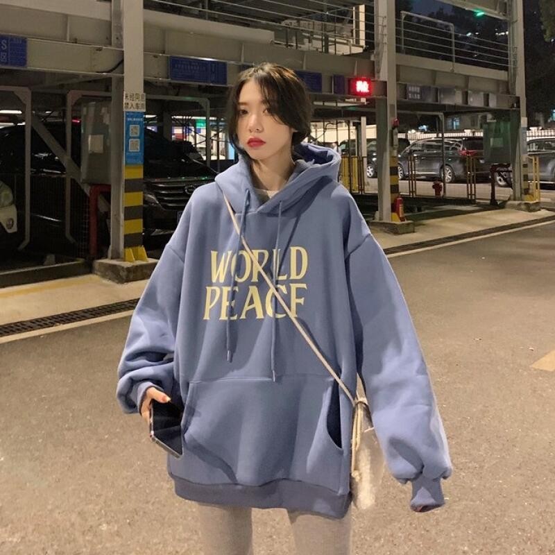 Solovely ผู้หญิง สไตล์เกาหลี แขนยาว หลวม เสื้อโค้ท พิมพ์ลาย โอเวอร์ไซส์ ฮู้ด