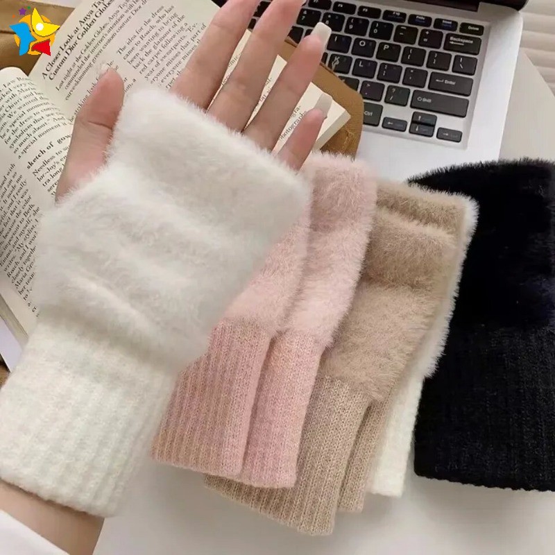 แฟชั่นเกาหลี Simple Mink ขนแกะถุงมือข้อมือครึ่งนิ้วผู้หญิงนุ่มฤดูหนาวความอบอุ่นสีทึบ Plush ถัก Fingerless Mittens