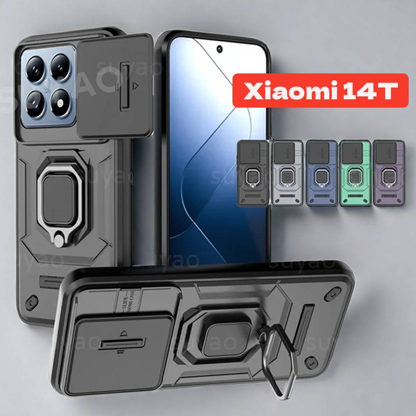 สําหรับxiaomi 14T Pro 14TPro Mi 13T 14 T 2024 เคสโทรศัพท์เกราะแหวนผู้ถือXiaomi14T Xiaomi13T Soft Edge Hard PC Bracket Pushกล้องเลนส์ป้องกันปลอกกันกระแทกปกหลัง