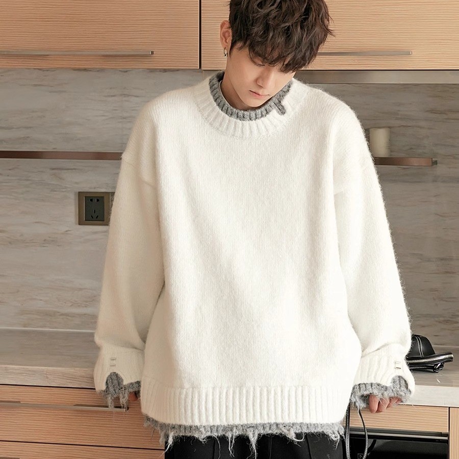 เสื้อไหมพรมถักสีขาวลมหลวมหล่อปลอมสองชิ้น