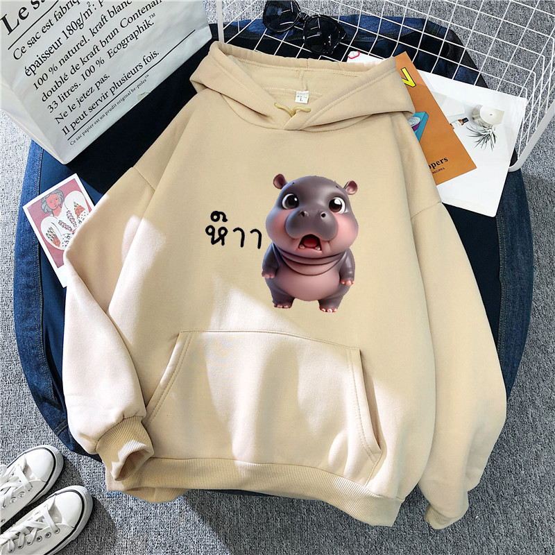Moo Deng Bouncing Pig การ์ตูนพิมพ์ฤดูใบไม้ร่วง/ฤดูหนาว Casual Hoodie Top อเนกประสงค์เสื้อแขนยาวอินเทรนด์