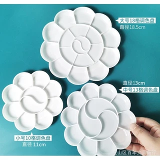 [รุ่นสีขาวทึบ] จานสี พลาสติก รูปดอกไม้ 7-18หลุม ถาดหลุม จานผสมสี ระบายสี หลายขนาด