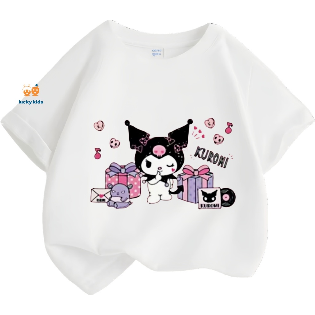 (จัดส่งเร็ว ๆ นี้) เสื้อยืดเด็ก Kuromi เหมาะสำหรับเด็กผู้หญิงอายุ 3-12 ปี ผ้าฝ้ายแท้ LUCKY KIDS