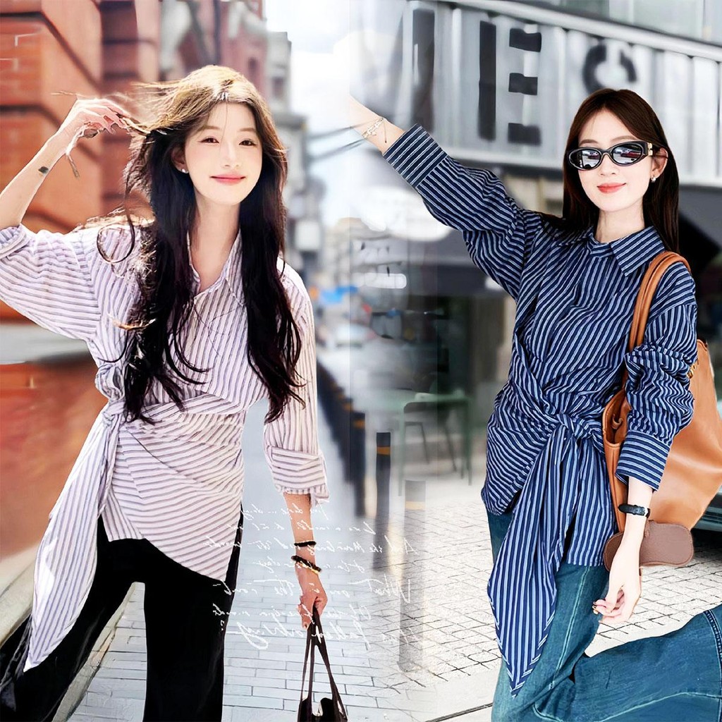 KOKO#เสื้อเชิ้ตลายทาง เสื้อสตรีแขนยาวลายทางดีไซน์ร่องสายรัดเอวไม่สม่ำเสมอเสื้อสไตล์เกาหลี เสื้อวินเทจผู้หญิง#w479