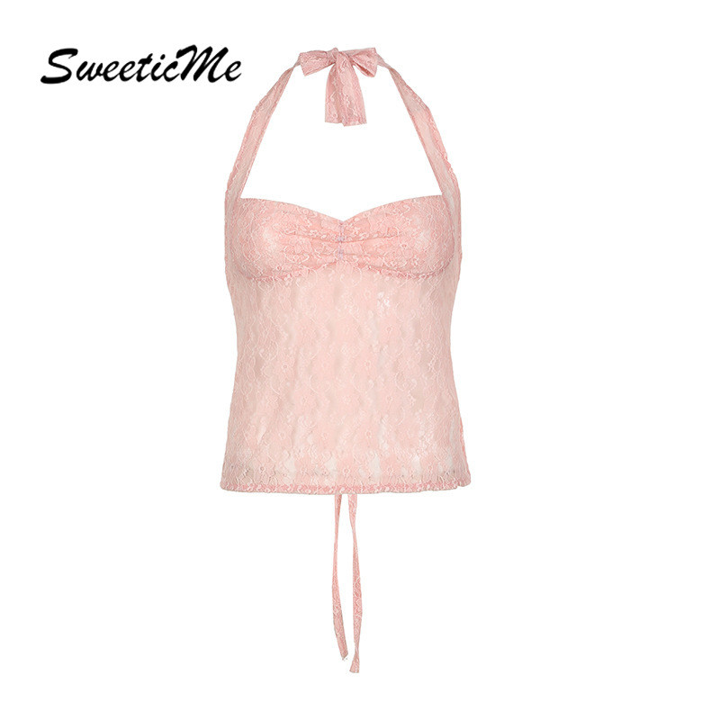 Sweeticme ผู้หญิง 2024 ใหม่แฟชั่นเซ็กซี่ดูผ่าน Slim Fit สีทึบลูกไม้ Halter เสื้อกล้าม Camisole