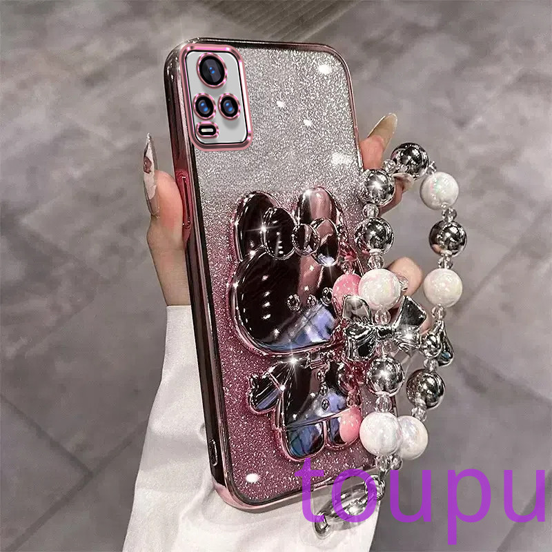 เคส vivo V20 V20 PRO v20se v23e v23 v21 v21e 5G กรณีโทรศัพท์หรูหราน่ารักกระต่ายแต่งหน้ากระจกใส Glitter กรณีโทรศัพท์ใสพร้อมสร้อยข้อมือเชือกขนาดเล็ก กรณีโทรศัพท์ vivo V20 V20 PRO v20se v23e v23 v21 v21e 5G