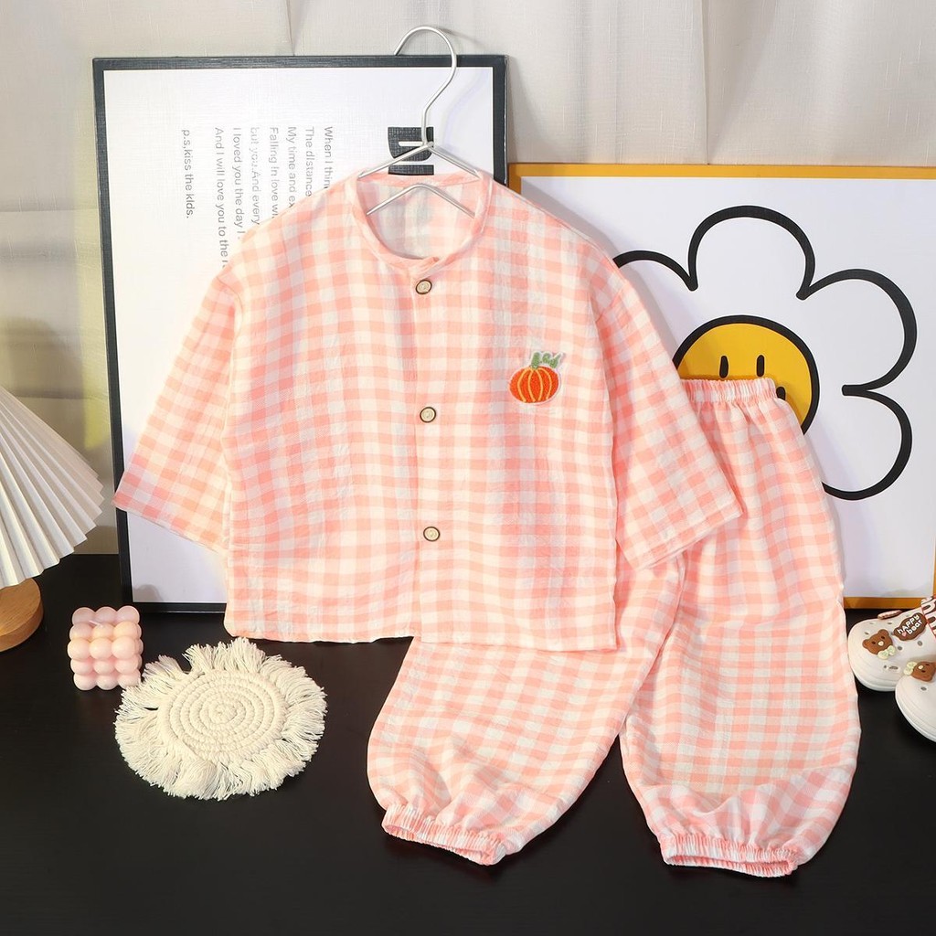 ชุดนอนน่ารักๆ ชุดนอนเด็ก แฟชันสำหรับเด็กหญิง/ชาย ลายสก็อต ขายาว เบาใส่สบาย ไซส์80-130cm “DA-S”
