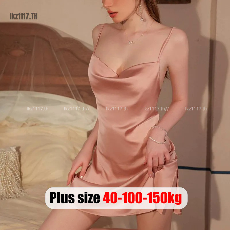 Plus size ชุดนอนสาวอวบชุดนอนเซ็กซี่สำหรับผู้หญิงไซส์ใหญ่ที่มีสายรัด ผ้าซาตินสีพื้นแบบแยกสำหรับฤดูร้อน เสื้อผ้าสาวอวบ Oversized women pajamas