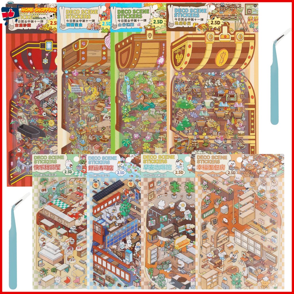 8 ชิ้นน่ารักการ์ตูนฉากสติกเกอร์ชุด PET DIY 3D Miniature House สติกเกอร์ชุดสําหรับผู้ใหญ่ SHOPTKC5447