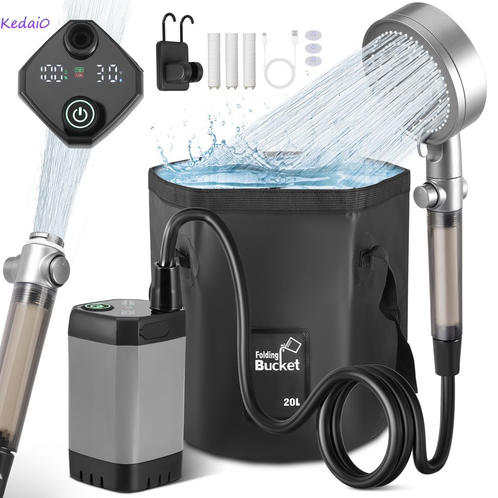 ข้อเสนอที่ดีที่สุด แบบพกพา Camping Shower 7800mAh ปั๊มฝักบัวแบบชาร์จไฟได้ 6 โหมดฝักบัวแบบปรับได้หัวฝักบัวกรอง & 5 แกลลอนถังพับได้ฝักบัวกลางแจ้งสําหรับสัตว์เลี้ยง B
