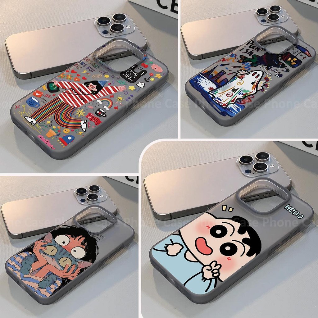 LUCKY Frosted เคสโทรศัพท์ For iPhone 15 14 13 12 11 16 Pro Max Plus 11ProMax เคส ซิลิโคนเนื้อแมทต์นุ่ม - Black