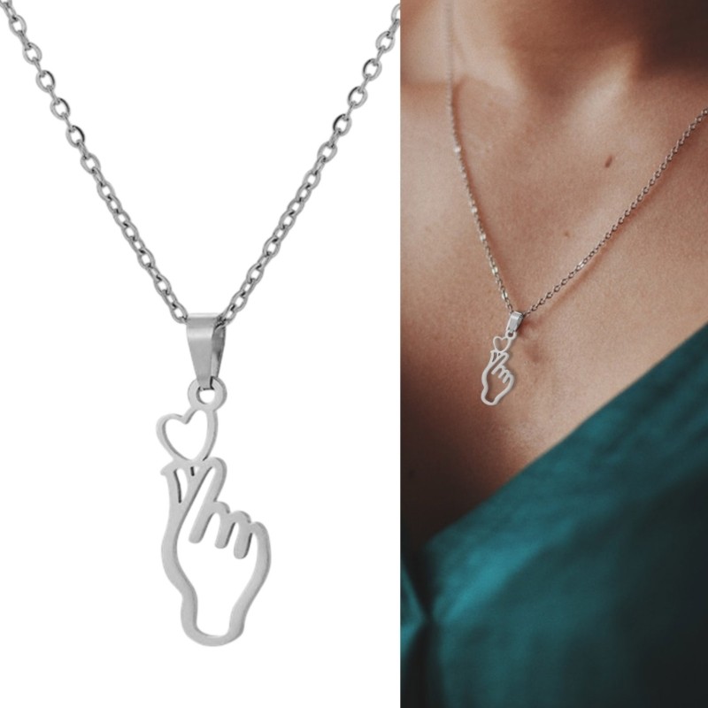 Perfect Stylish Hand Heart Gesture Jewelry สร้อยคอและต่างหูสตั๊ดสแตนเลส