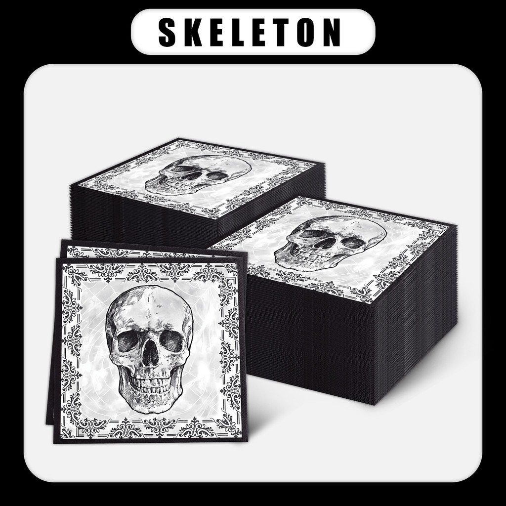 ฮาโลวีนสีดํา Skull ผ้าเช็ดปาก 17x17 ซม.-20 ชิ้น Spooky Party Decor สําหรับ Gothic Tableware