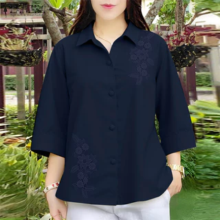 เสื้อสเวตเตอร์ถักสำหรับผู้หญิง แขน 3/4 ลายปักผ้าฝ้าย ทรงคลายComfort Fit