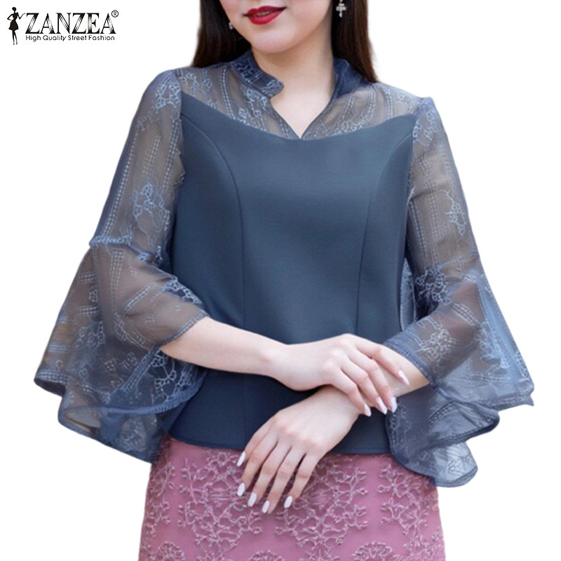 ZANZEA สไตล์เกาหลีหรูหรา ผู้หญิง วิธีใส่ V คอ แขนบาน 3/4 ตาข่ายลูกไม้โครเชต์