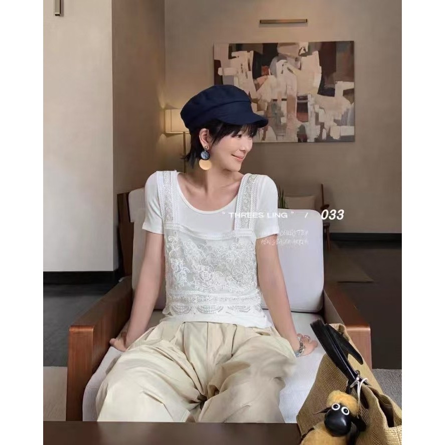 สไตล์เกาหลีรอบคออุตสาหกรรมหนักสไตล์ชาแนลลูกปัดแขนสั้นเสื้อยืดผู้หญิงฤดูร้อนสไตล์ใหม่ลูกไม้สลิงMinkสไ
