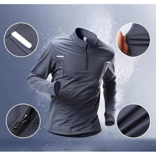เสื้อกีฬาแห้งเร็วแขนยาวครึ่งซิป unisex สำหรับกิจกรรมออกกำลังกายต่าง ๆ เช่น การขี่จักรยานและการวิ่ง สีเทาและสีดำ