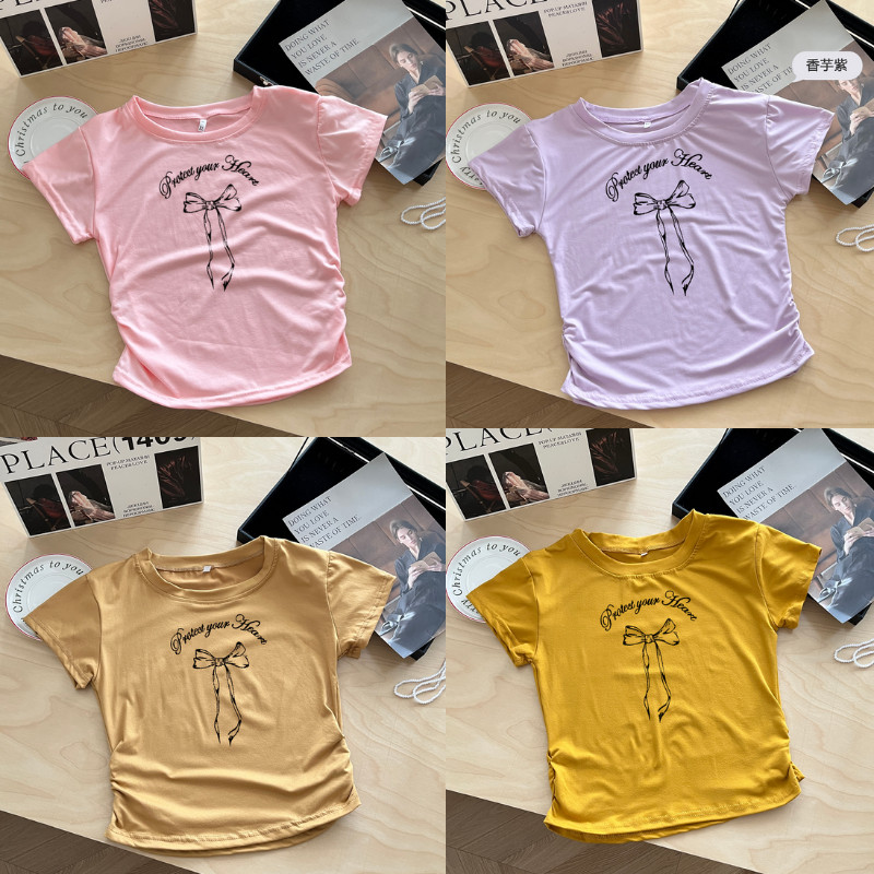 G03-09 เสื้อยืดแขนสั้นพิมพ์ลายโบว์ยาว สุดน่ารัก แนวเกาหลี หลายไซส์ ผ้านิ่มสวมใส่สบาย ใส่ได้ทุกโอกาส ราคาถูก