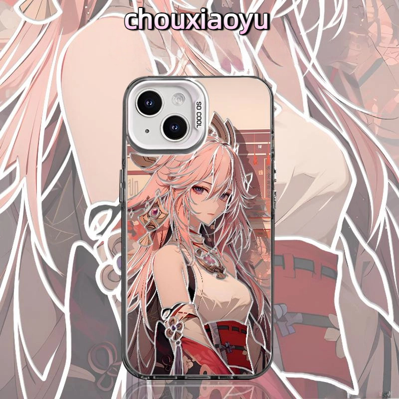 อะนิเมะ Yae Miko เหมาะสําหรับ iPhone 16 Pro Max 15 14 13 12 11 xs 7P/8P เคสโทรศัพท์ Frosted สีสันเงิน High-End เฉพาะ