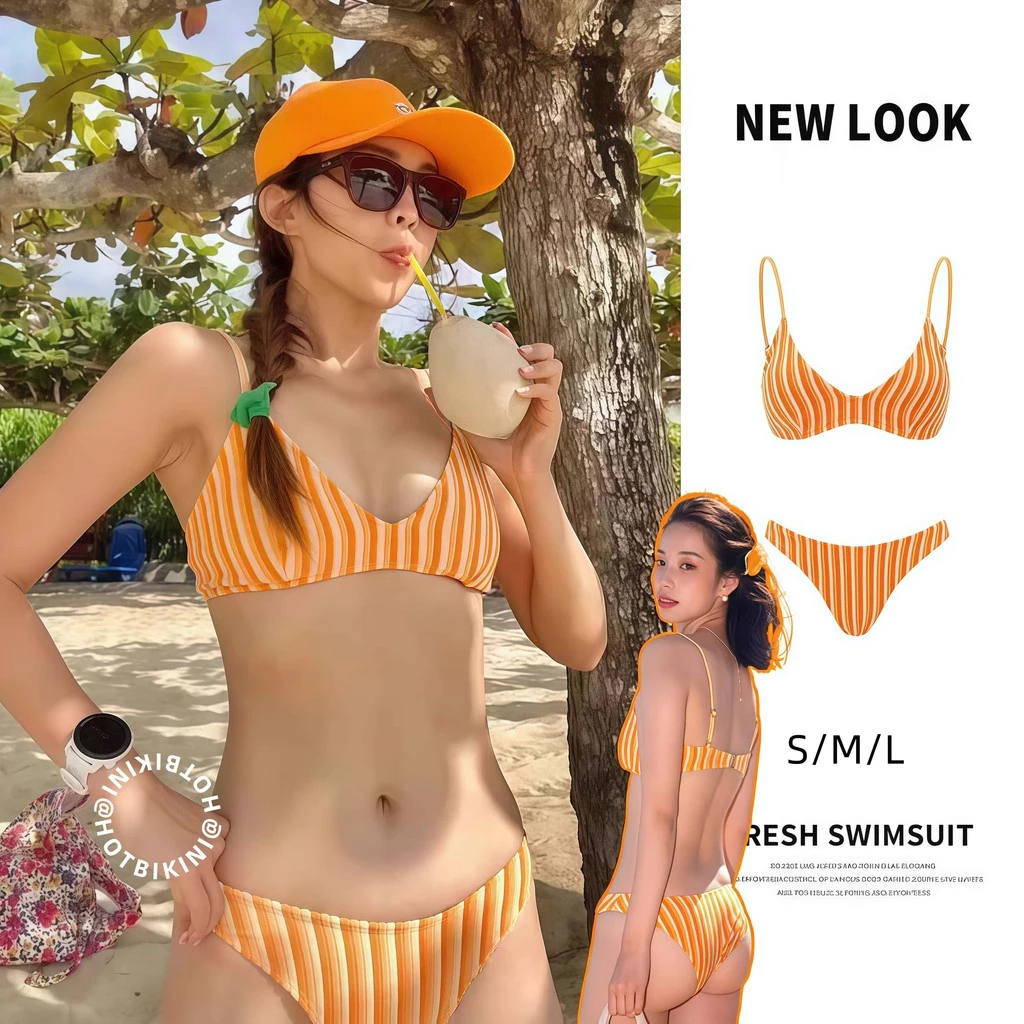 🧡Hot.Bikini🧡ชุดบิกินี่ ทูพีช ชุดว่ายน้ำแฟชั่น ลายทาง มีฟองน้ำ ผ้าแห้งไว ใส่สบาย อาคารเตี้ย ส่งไวจากไทย