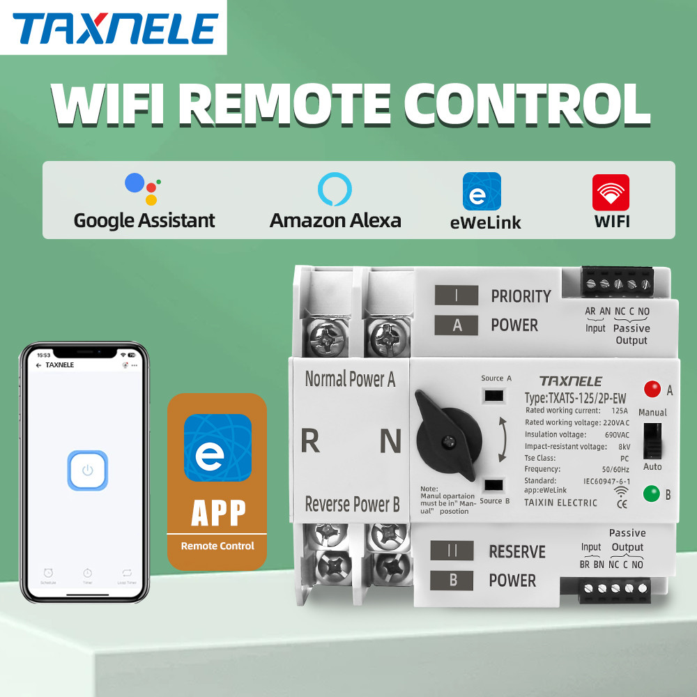 EWelink 2P WIFI สมาร์ท ATS 230V Dual Power สวิตช์เลือกการถ่ายโอนอัตโนมัติอย่างต่อเนื่อง 125A