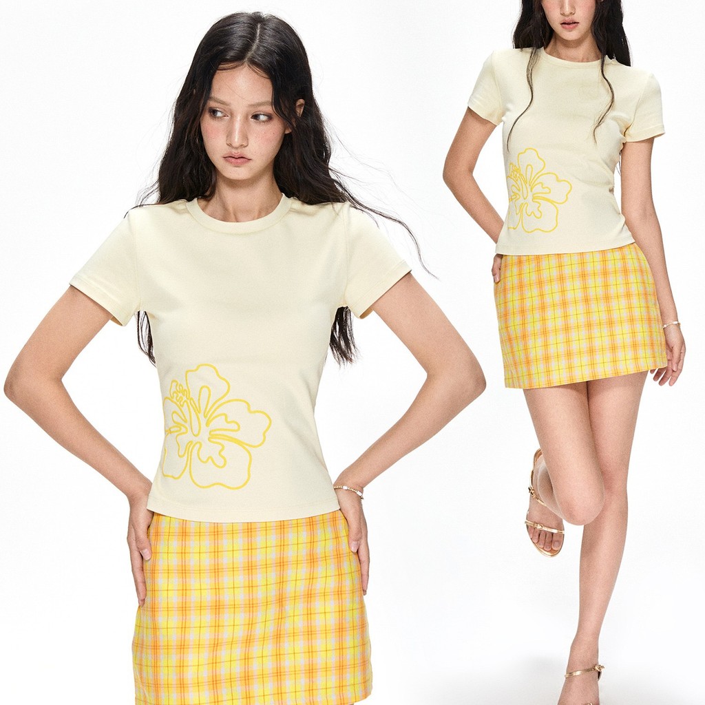 210g ผ้าฝ้ายอเมริกัน Retro รอบคอพิมพ์แขนสั้นเสื้อยืดฤดูร้อนสไตล์ใหม่สีเหลือง Slim-Fit Slimmer ดูอย่า