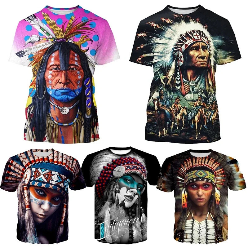 Vintage 3D Men เสื้อยืด Harajuku อินเดียหัวหน้า Tribal Beauty Graphic พิมพ์เสื้อแขนสั้น Y2k ใหม่สบาย