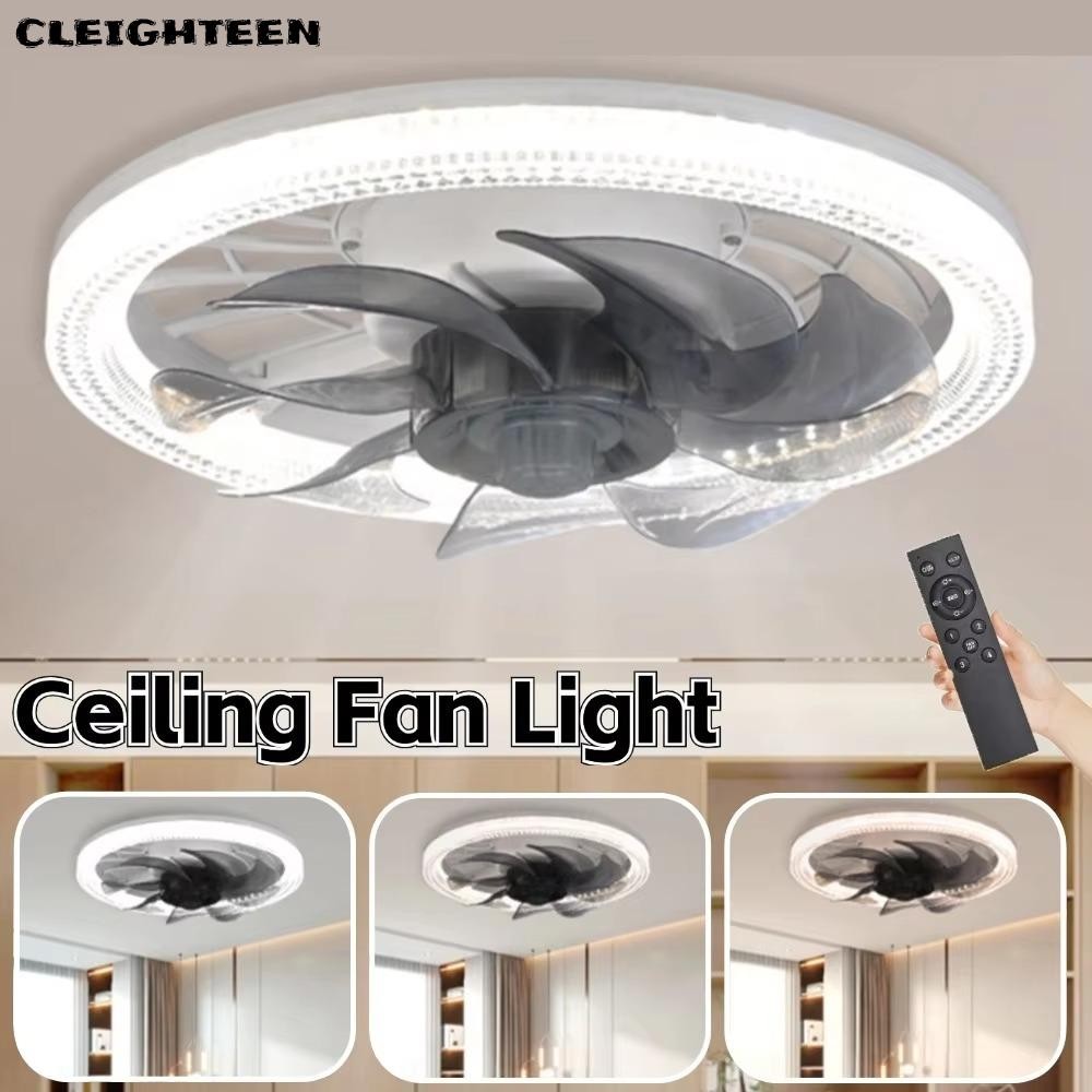 CLEIGHTEEN พัดลมไฟ LED, 4 ความเร็วพร้อมไฟและพัดลมเพดานที่ทันสมัยระยะไกล, แฟชั่นโปรไฟล์ต่ํา 3 สีเปลี่ยน E27 พัดลมไฟฟ้าห้องนั่งเล่น