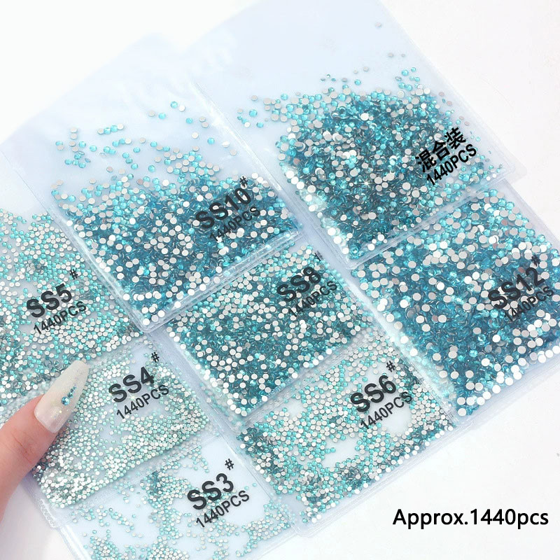 1440 ชิ้น/ถุง SS3-SS16 Lake Blue Flatback รอบเพชรแก้วเล็บ Rhinestones ตกแต่งเล็บเครื่องมืออุปกรณ์เสริม
