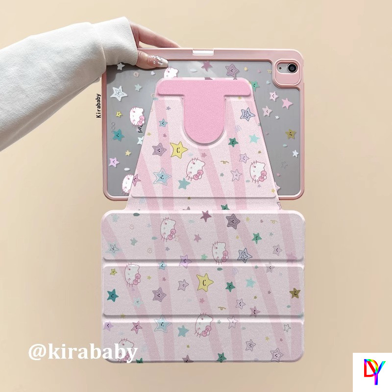 เคส ipad หมุนได้ 360 องศา Gen11-A16 2025 Air5/6/7 mini6/7 8.3 อะคริลิค Star Hello Kitty ฝาครอบ Pro 2022/2024-M4 gen10 2022 gen7/8/9 ฝาครอบป้องกันการตกพร้อมช่องเสียบปากกา