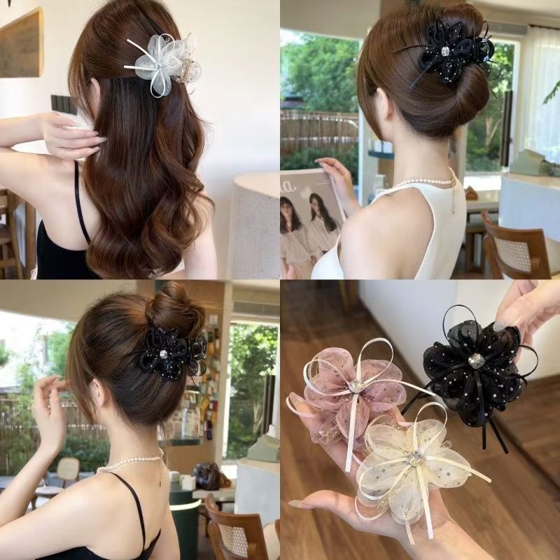 คลิปติดผมลายฉลามและดอกไม้ พร้อมโบว์ตาข่าย