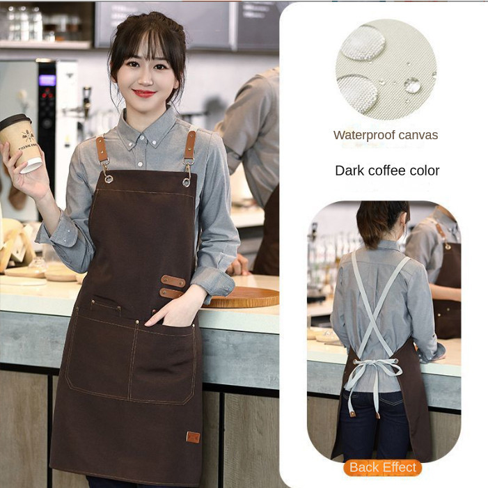 ผ้ากันเปื้อนกาแฟ ผ้าแคนวาส อัพเกรดใหม่และหนาขึ้น วัสดุกันน้ำ เหมาะสำหรับร้านกาแฟ ห้องครัว ผ้ากันเปื้อนงานครัว
